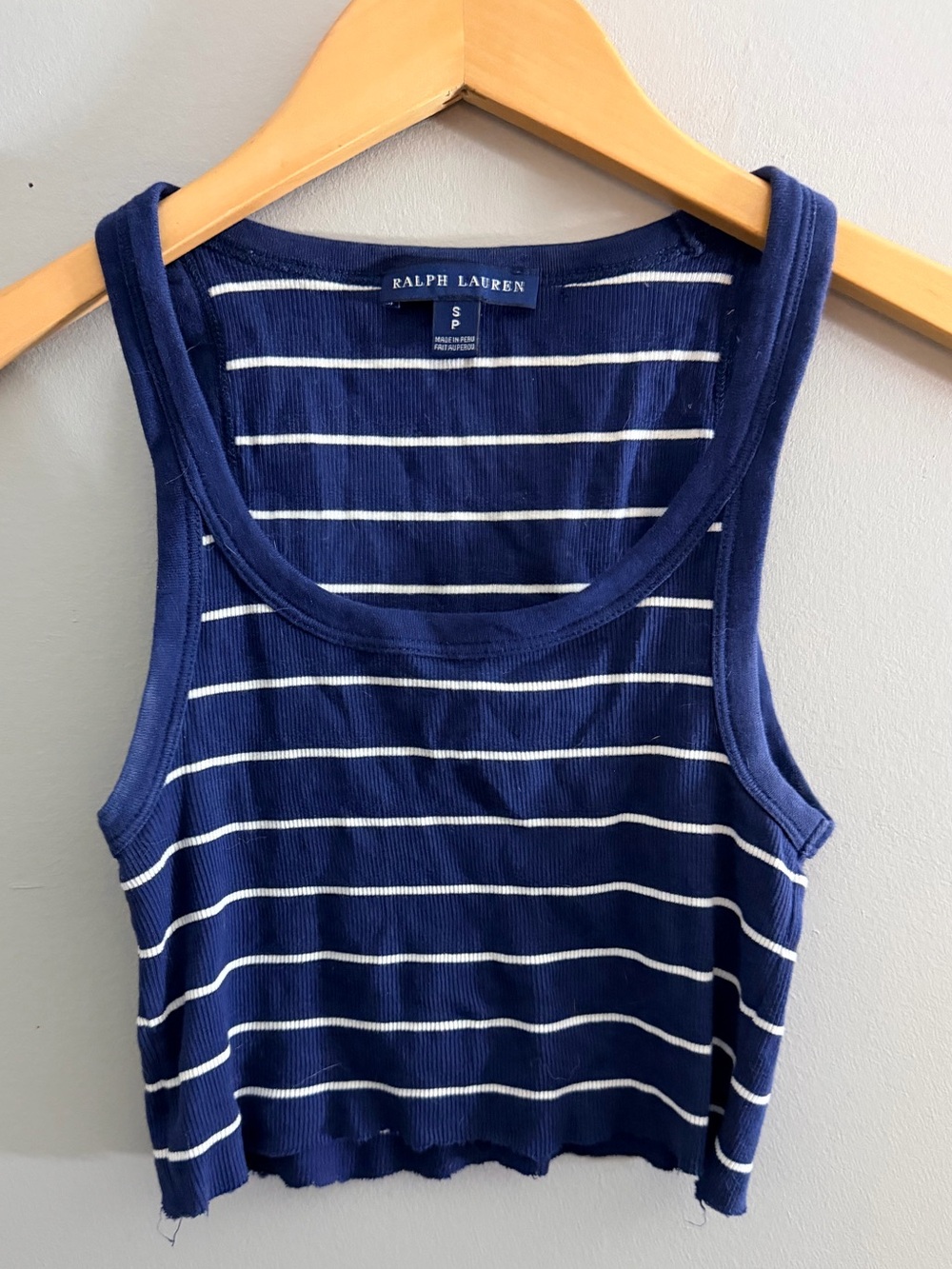 Ralph Lauren raw hem ultra crop tank top navy blue striped